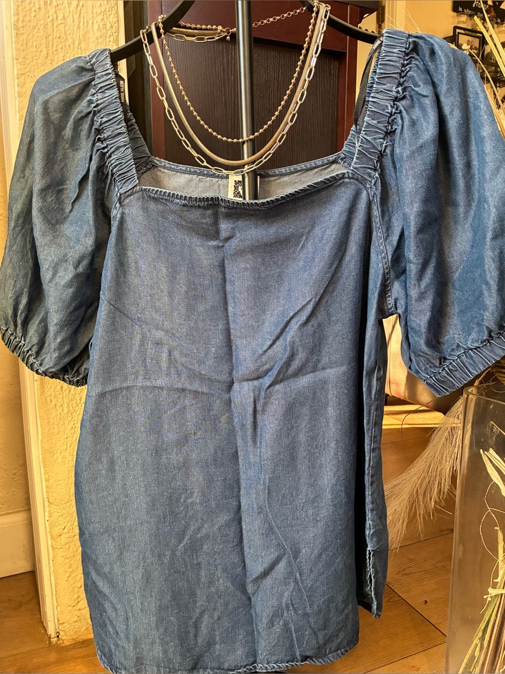 Anne Klein Indigo Denim-Look Puff Sleeve Top